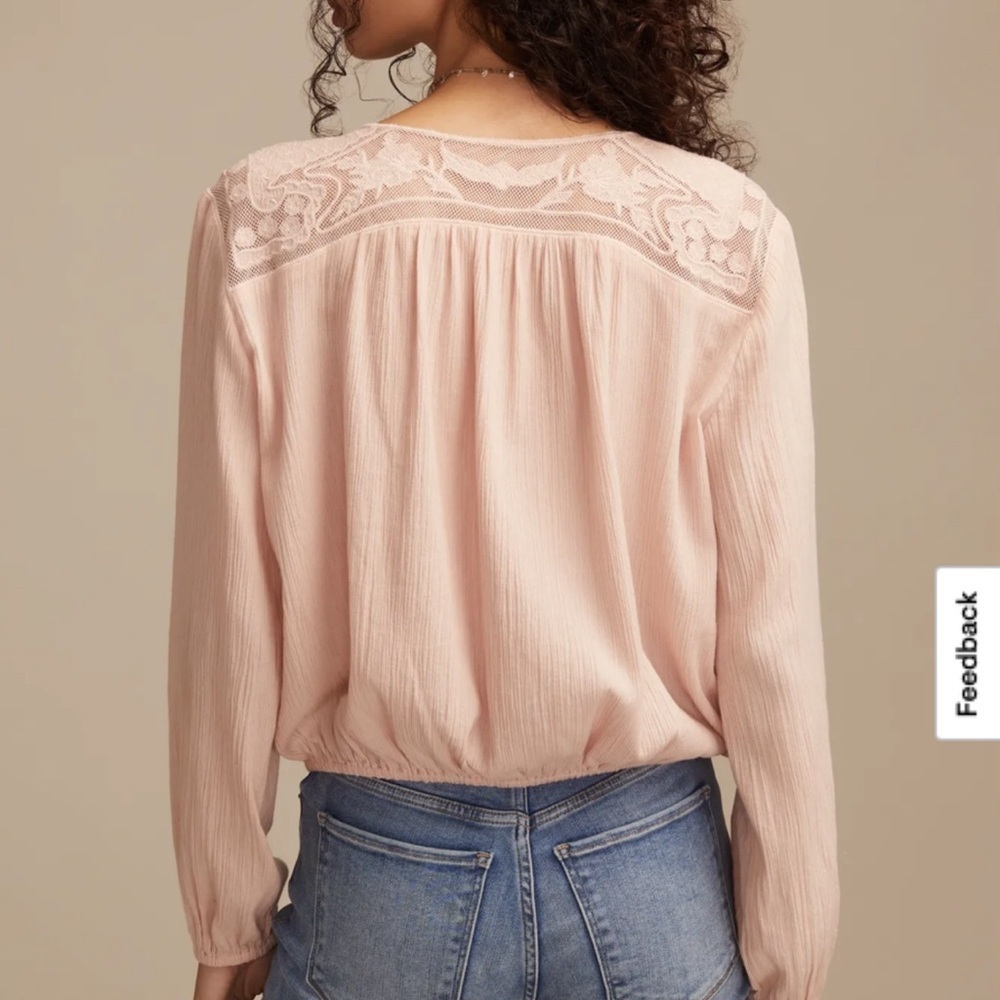 Lucky Brand Long Sleeve Pintuck Bubble Top Blouse Pink Lace L - Picture 3 of 10